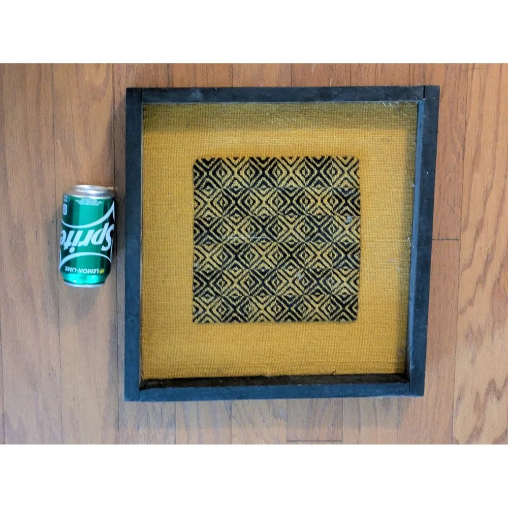 1970 Framed Latch Hook Geometric Checkered Pattern Black Gold Boho Wall Decor